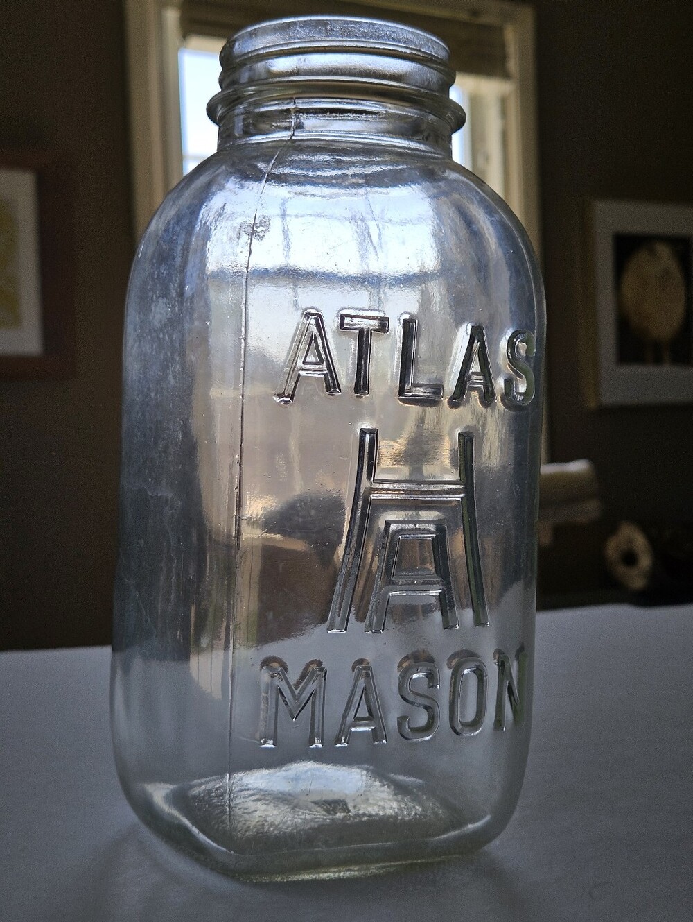 Vintage 9" Atlas Mason jar half gallon mold seams clear canning vase emboss